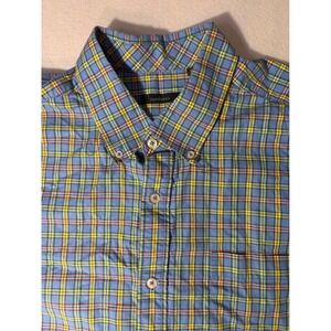 Turtleson Mens XL Button Down Shirt Blue Yellow Plaid Long Sleeve Cotton Blend